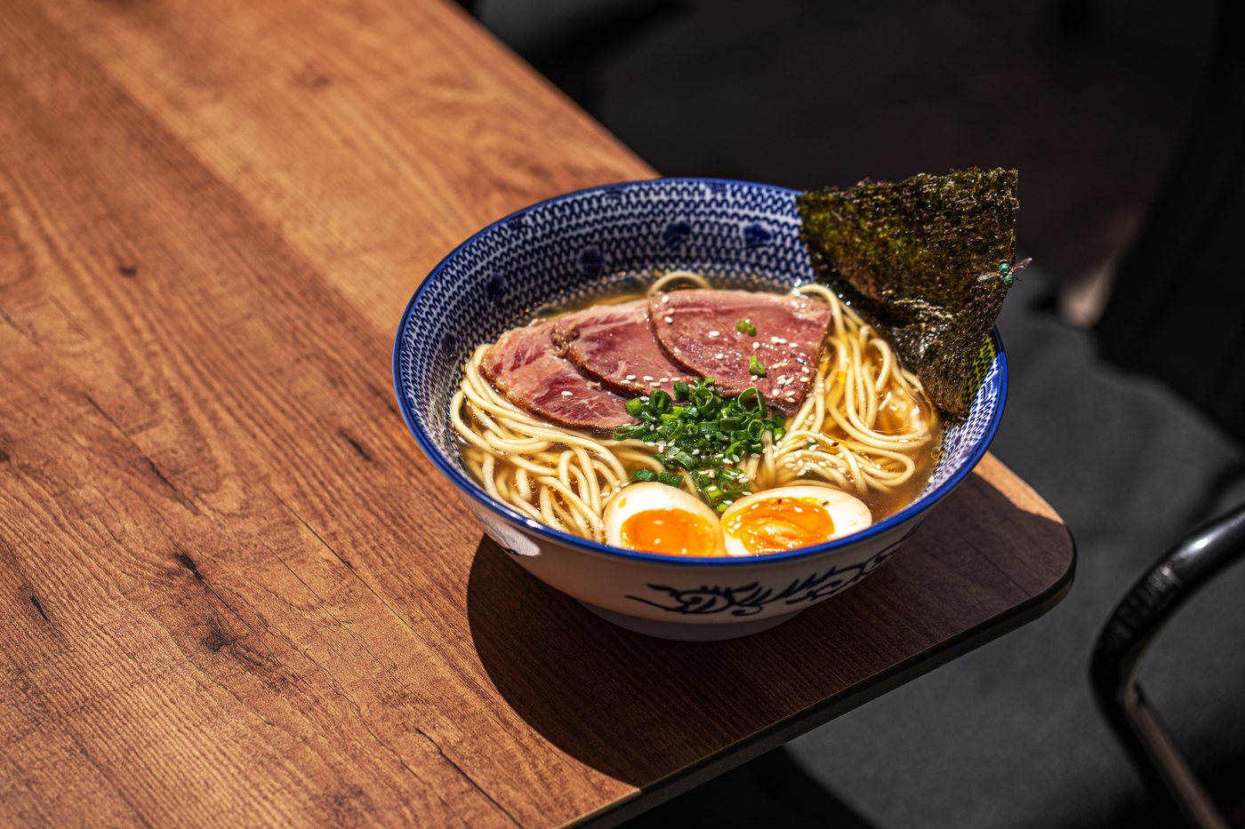Jammy egg in a bowl of ramen