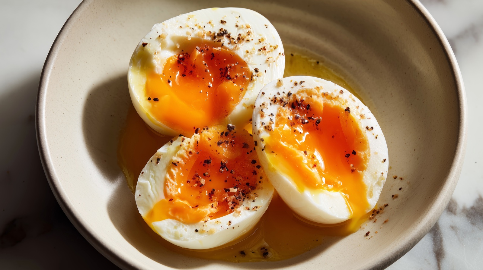 Halved soft-boiled eggs with cracked pepper in a bowl
